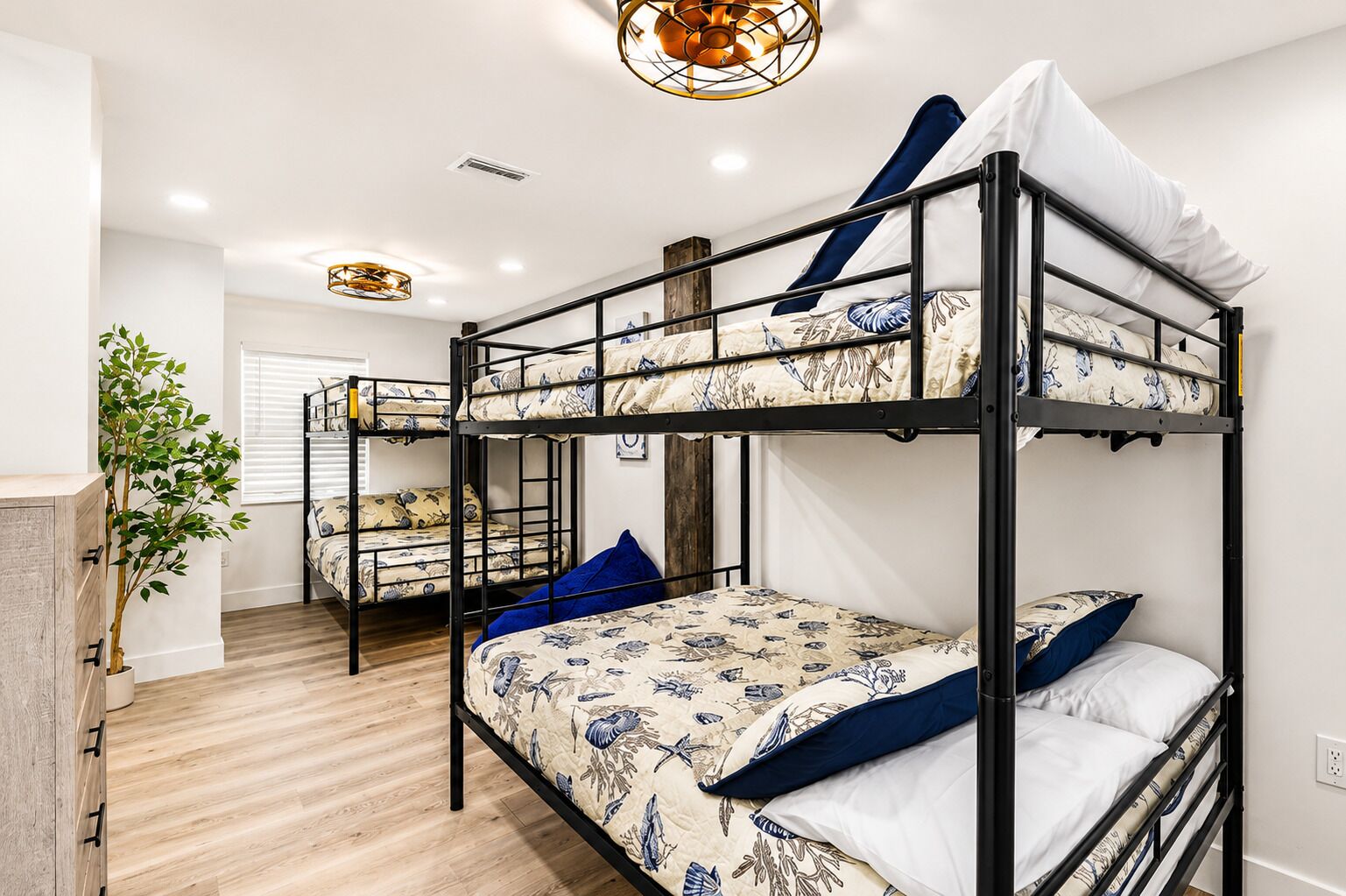 A bunk bed room with a wooden floor, a plant, and a ceiling light fixture.
