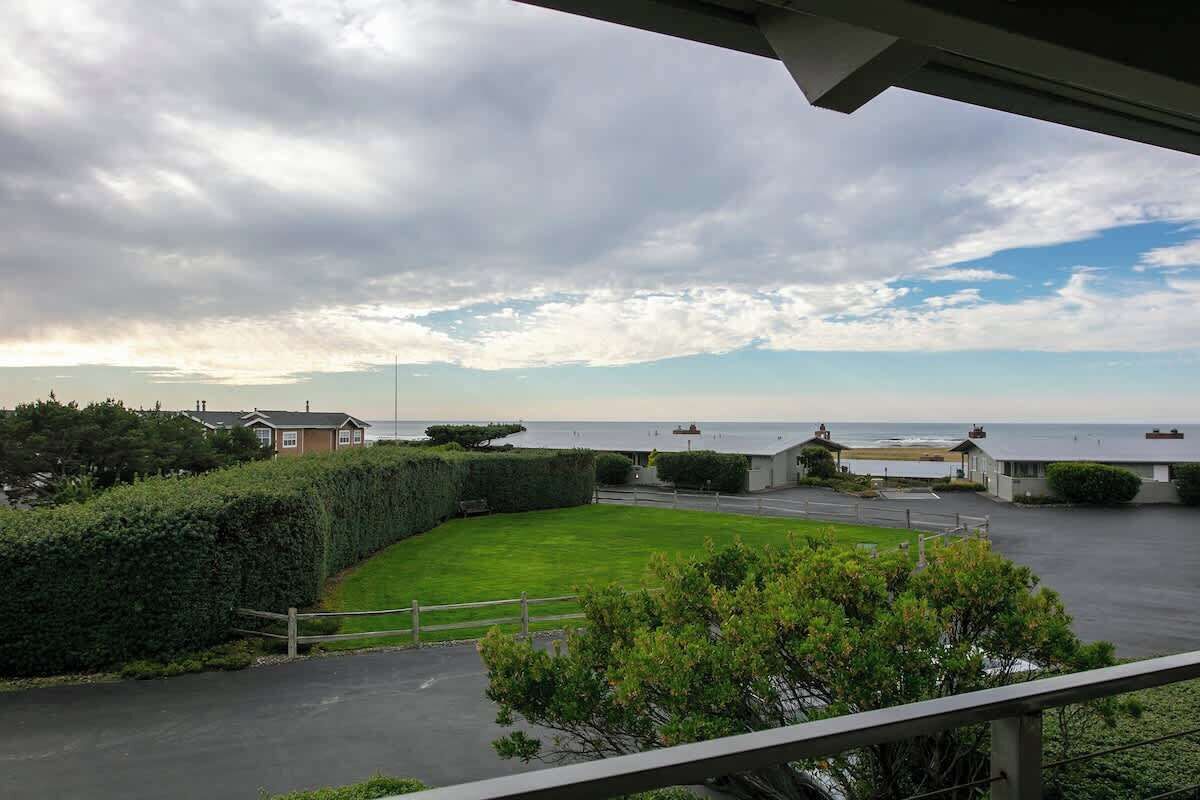 A coastal view with a grassy area, a paved road, and buildings in the background.
