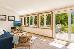 Un salon comprenant un canapé, un téléviseur, un fauteuil en osier et une table avec une plante. De grandes fenêtres donnent sur une porte coulissante qui mène à un espace extérieur aménagé avec un fauteuil et des plantes.