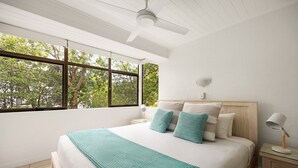 A bedroom with a large window, a bed with a teal blanket, a nightstand, and a ceiling fan.