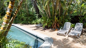 A swimming pool with two lounge chairs and tropical vegetation.