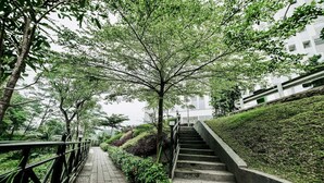 Una escalera rodeada de vegetación que conduce a un edificio de diseño moderno.