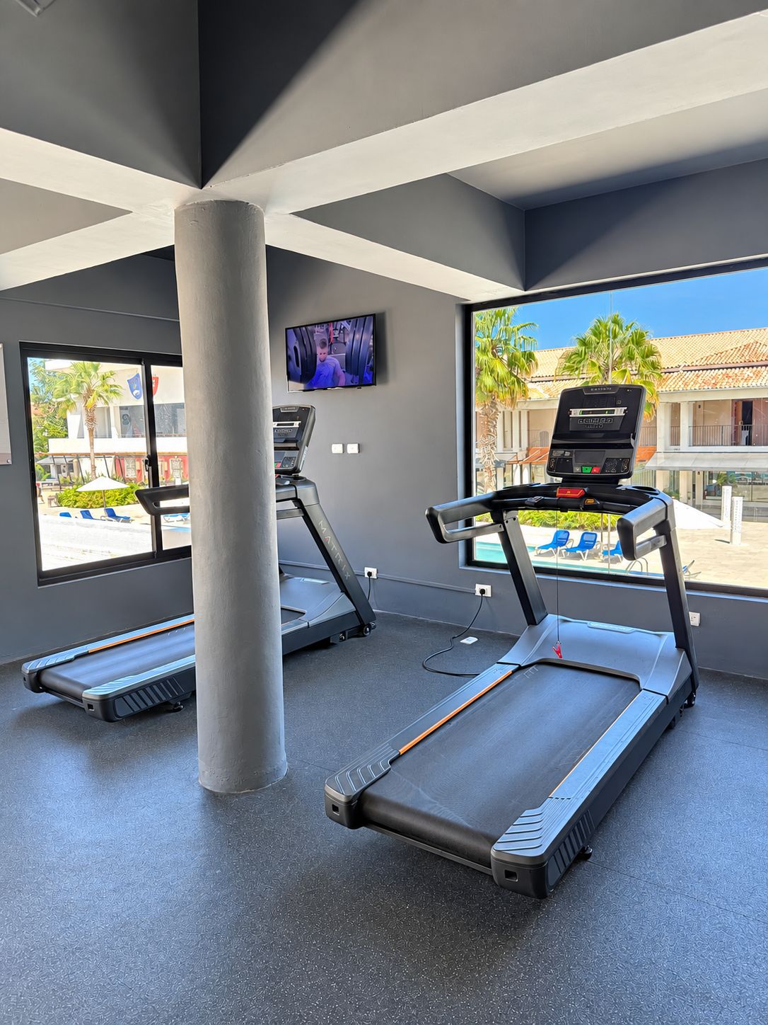 A gym with treadmills, a TV, and large windows overlooking a pool area.