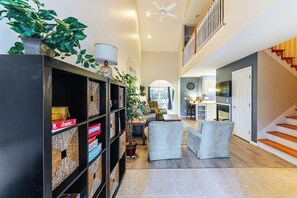 Televisión, chimenea y libros 