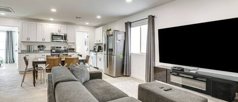 TV, fireplace, video games, DVD player