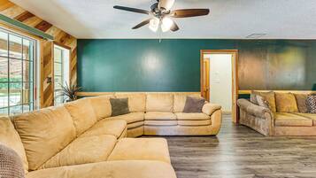 Televisor, llar de foc, llibres i estèreo