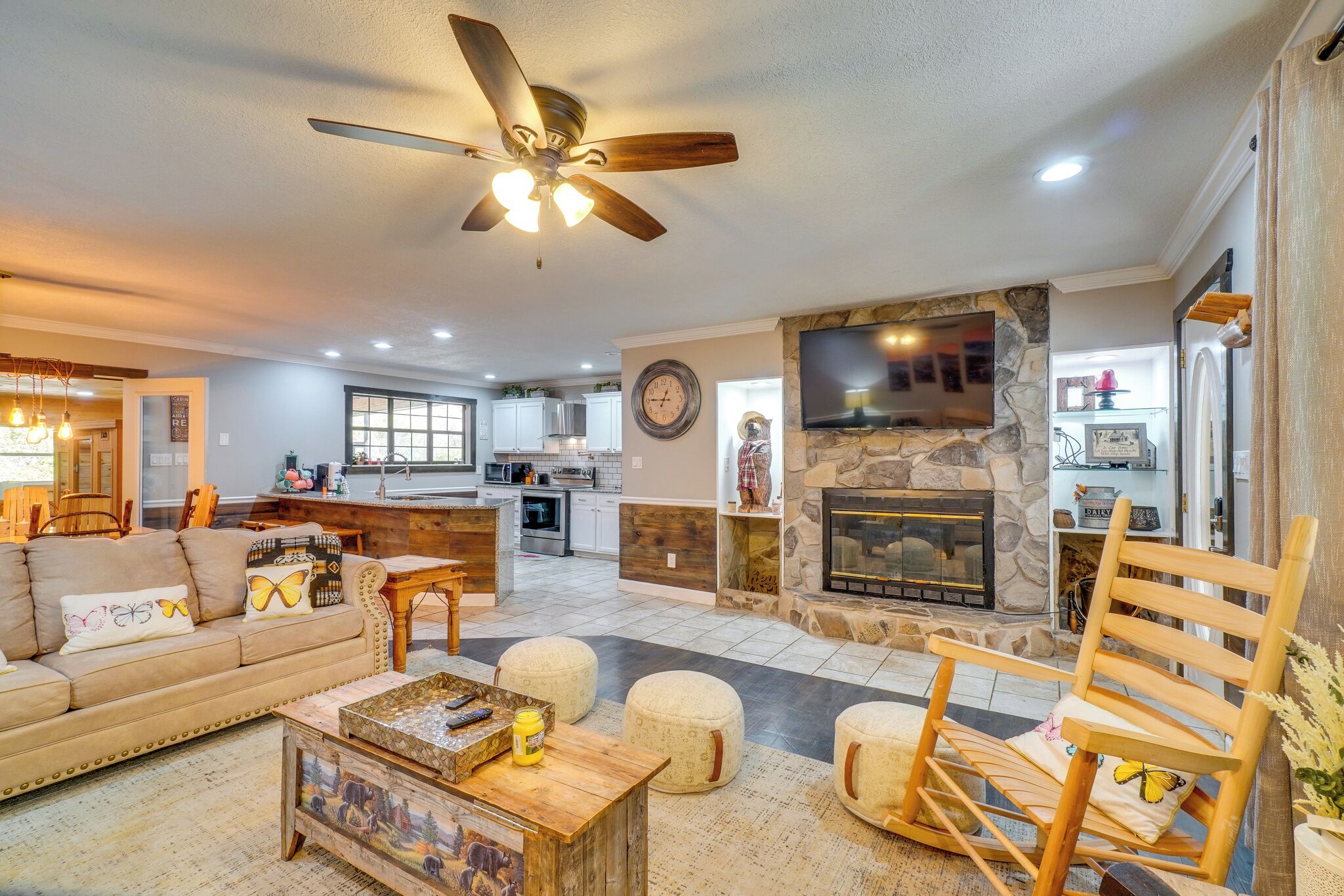 TV, fireplace, books