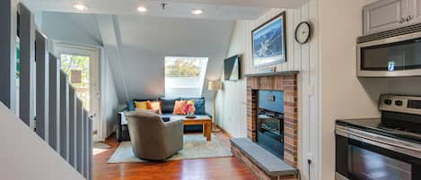 TV, fireplace, books