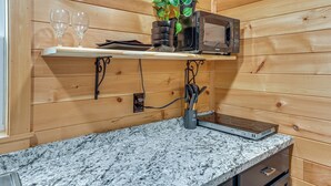 A kitchen with wooden walls, a granite countertop, a microwave, a toaster, and a potted plant. - 5 Mi to Wine Trails: Finger Lakes Tiny Home (Ovid)
