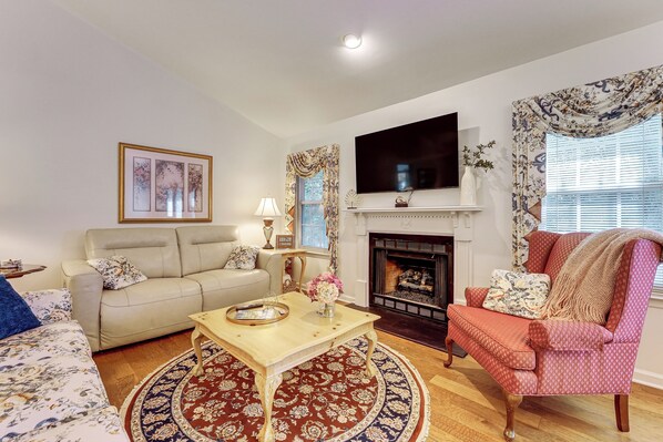 TV, fireplace, books