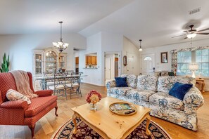 TV, fireplace, books