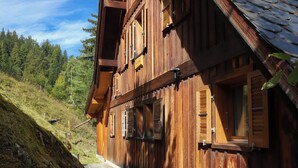 A wooden chalet with a stone pathway leading to the entrance, surrounded by a forested hillside.