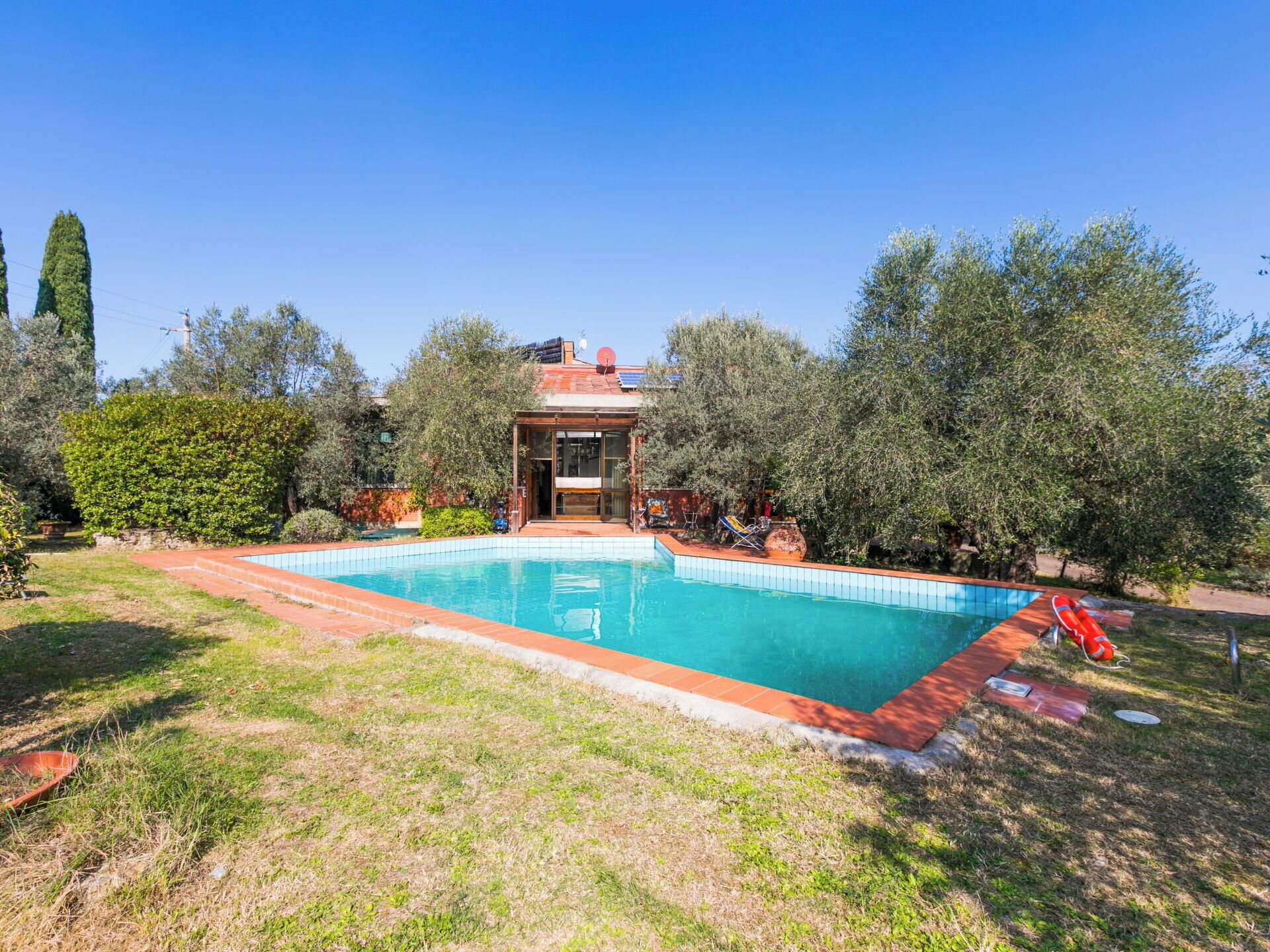 Una piscina rectangular con una terraza de madera y un edificio pequeño con puerta de cristal al fondo.