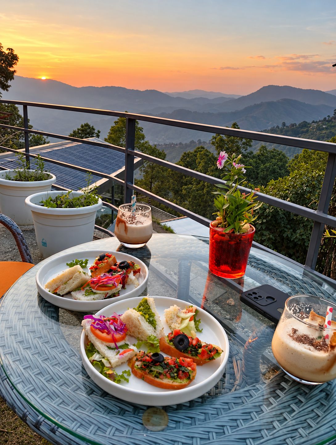 A table set with food and drinks on a balcony overlooking a mountainous landscape.