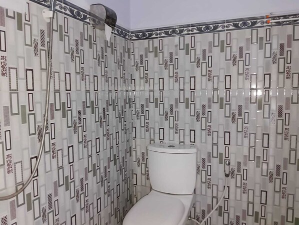 A bathroom with patterned tile walls, a toilet, and a shower area. - Den Bagus Bromo (Ngadisari)