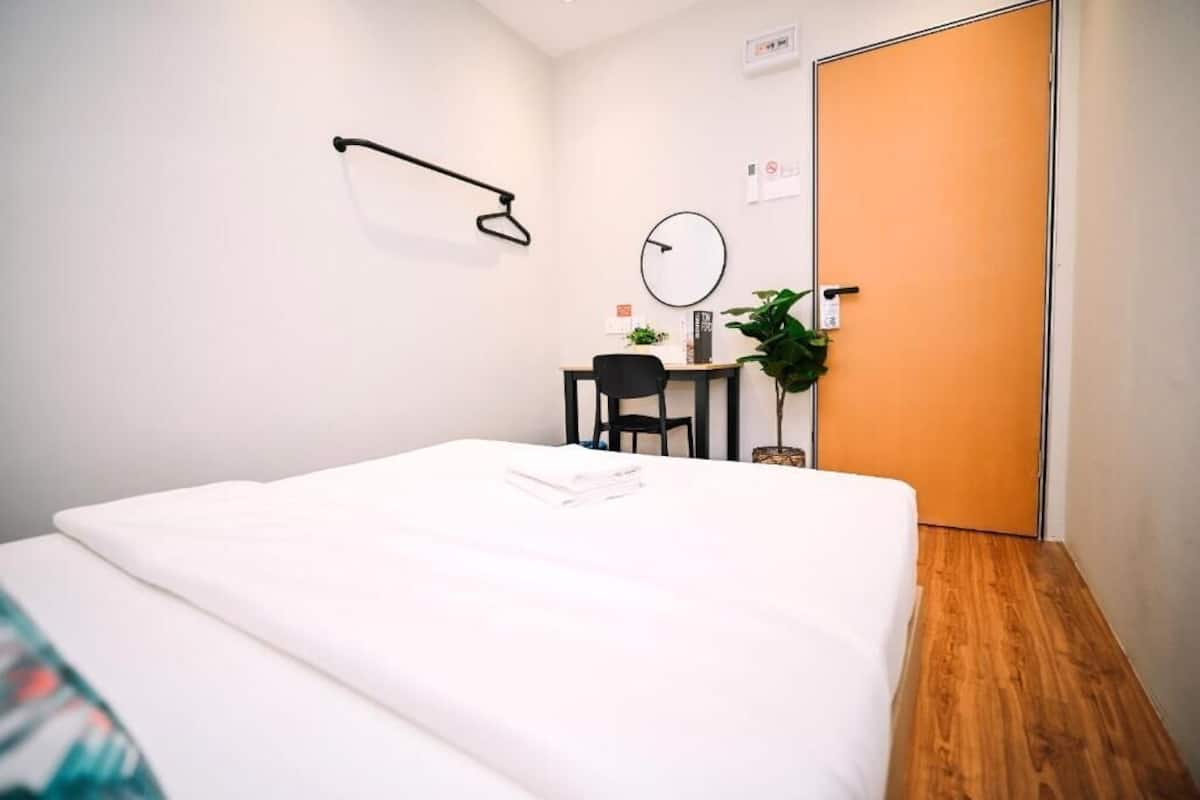 A hotel room with a bed, a desk, a chair, a clock, a plant, and a door.