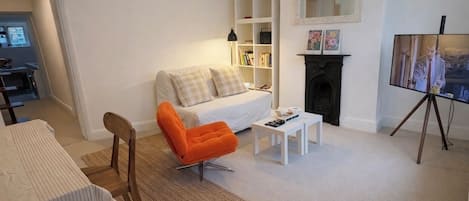 TV, fireplace, books