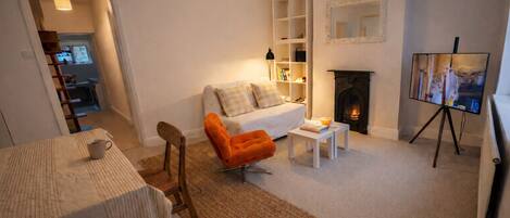 TV, fireplace, books