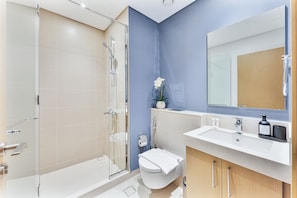 Hair dryer, bidet, towels, shampoo