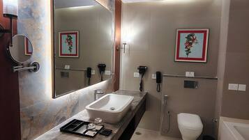 Premium Double Room, Garden View | Bathroom | Separate bathtub and shower, hair dryer, towels, soap