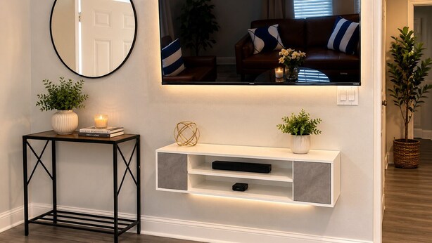 A living room with a mounted TV, a console table with decorative items, a potted plant, and a mirror on the wall. - Spacious, Quiet 1BR close to downtown, Medical Center, NRG & UH. Pet Ok. (Houston)
