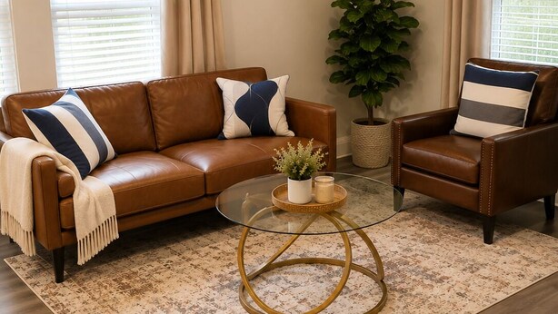 A living room with a brown leather sofa, a brown leather armchair, a glass coffee table, a potted plant, and a ceiling fan. - Spacious, Quiet 1BR close to downtown, Medical Center, NRG & UH. Pet Ok. (Houston)