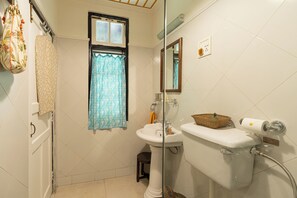 Hair dryer, bidet, towels, soap