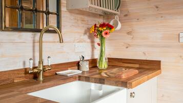 Fridge, microwave, electric kettle, toaster