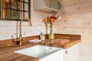 Fridge, microwave, electric kettle, toaster