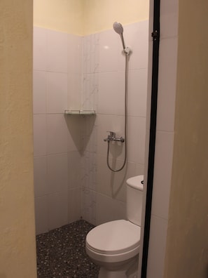 Ein kleines Badezimmer mit Toilette, Dusche und Ablagefläche aus Glas.