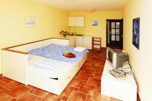 Een kamer met een bed, een bureau, een televisie en een deur.