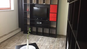 Une pièce comprenant un meuble de rangement noir pour appareils multimédias, un téléviseur et une petite table sur laquelle est posée une plante.