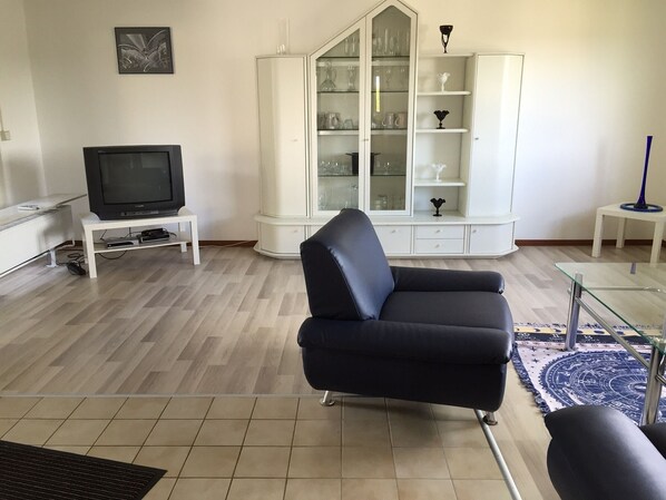 A living room with a black sofa, a television, a glass cabinet with shelves, and a patterned rug. - Bungalow 'Rauschbartblick' – Relaxation in the Heart of Horb am Neckar (Horb)