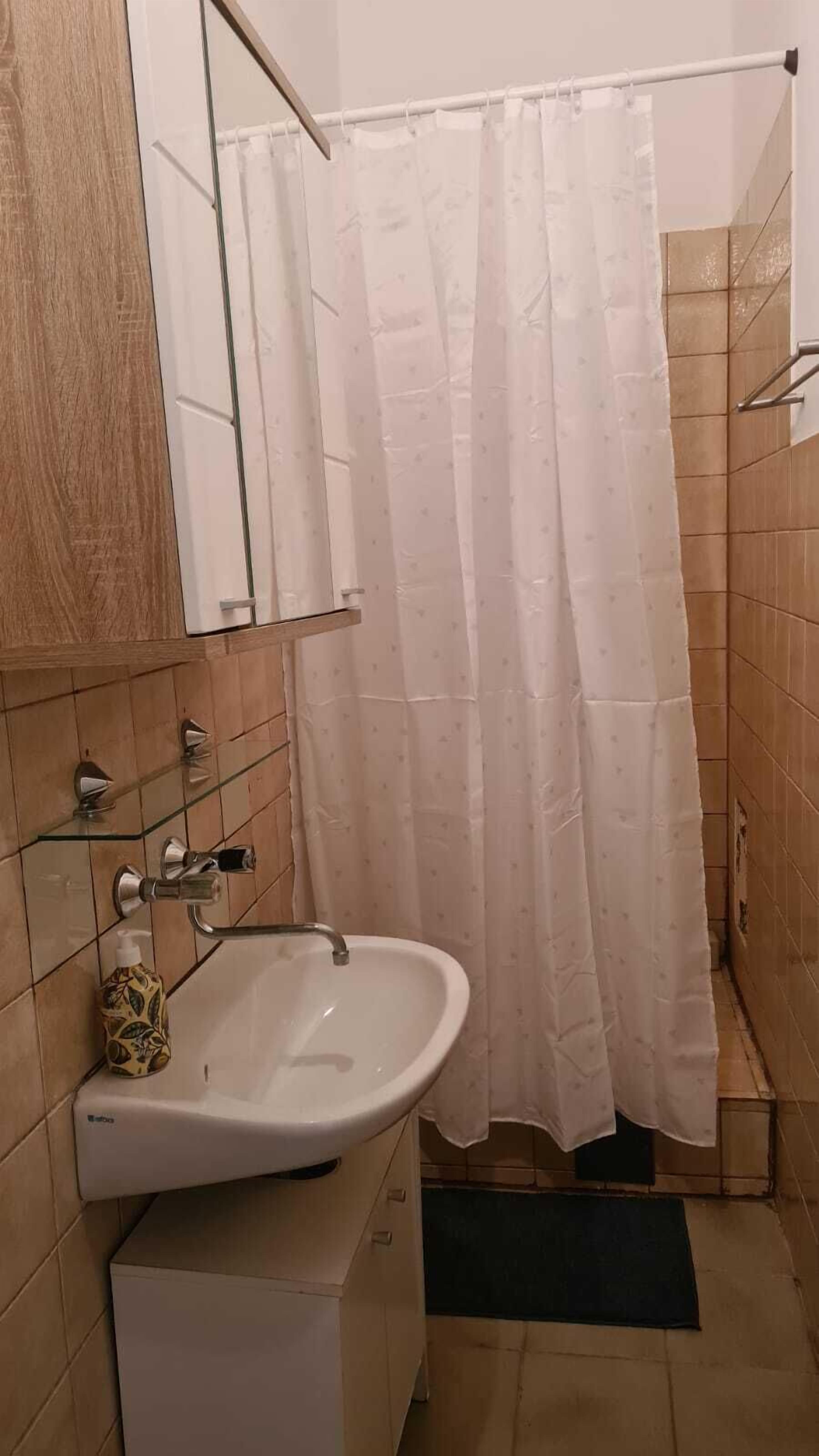 Un bagno con un lavandino bianco, uno scaffale in vetro, uno specchio e una tenda da doccia.