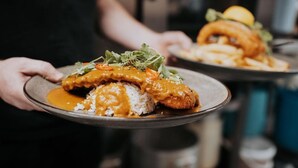 A person holding a plate with a dish consisting of rice, a breaded item, and a sauce, garnished with greens. - Fox and Hounds Inn (Carmarthen)