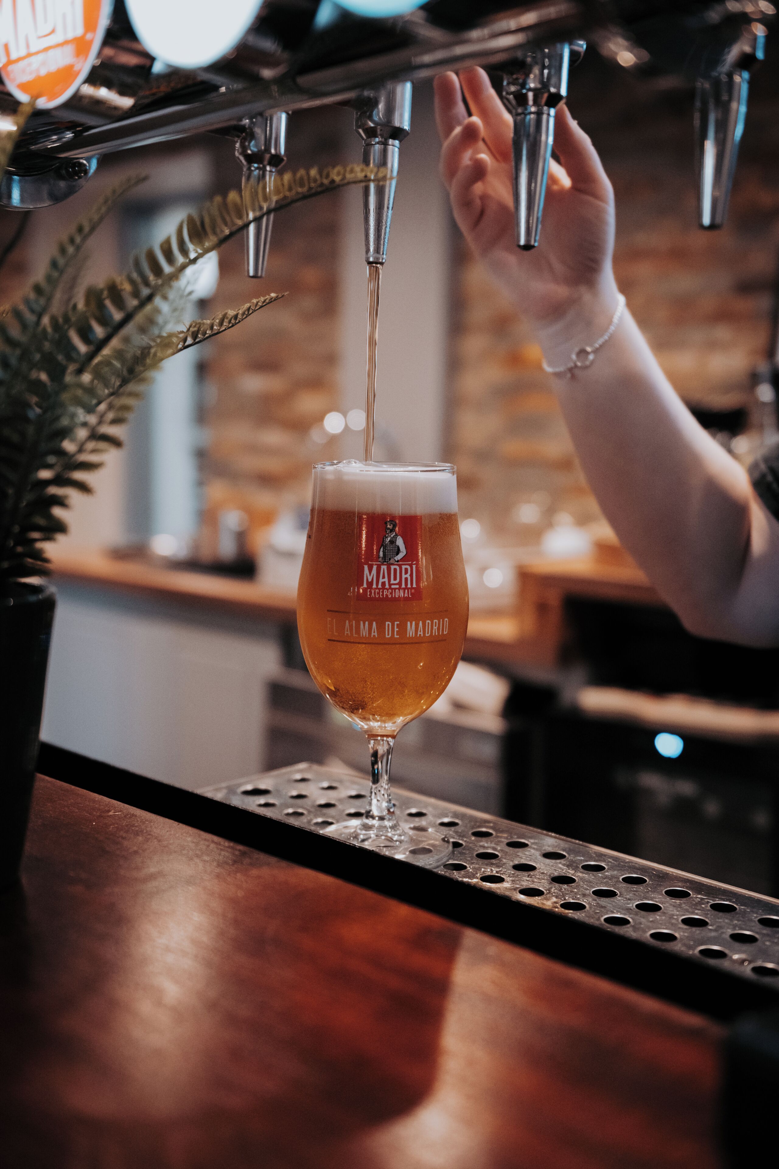 A glass of beer being poured from a tap labeled "MADRI."