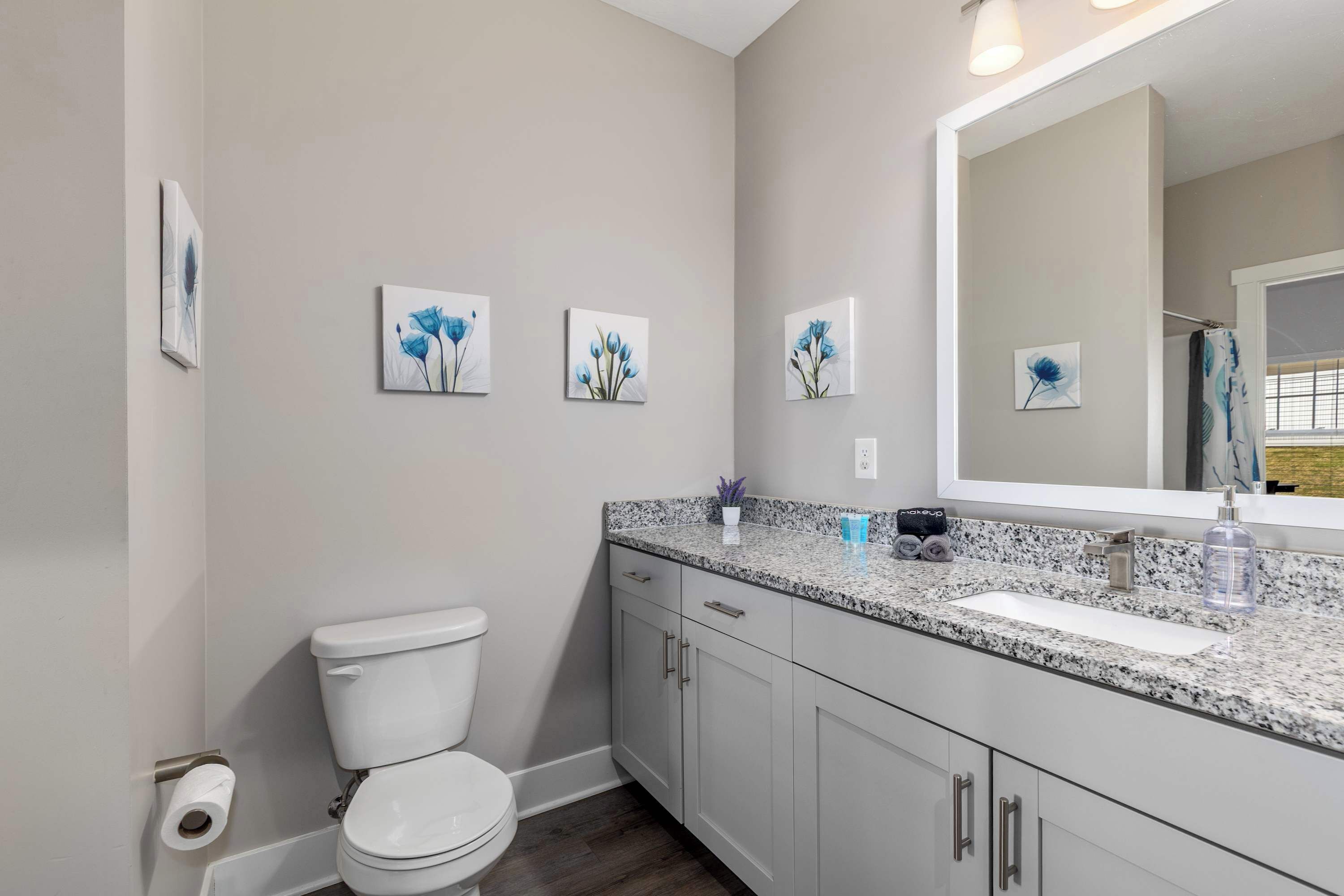 A bathroom with a toilet, a sink with a large mirror, and three wall-mounted flower paintings.