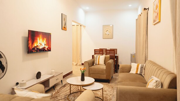 A modern living room with a fireplace, sofas, a coffee table, and a TV mounted on the wall. - Freedomhomesairbnb (Arusha)