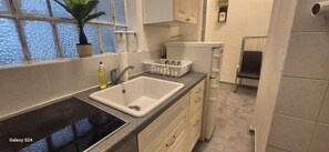 Basic Apartment | Private kitchen | Mini-fridge, oven, stovetop, cookware/dishes/utensils