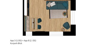 Grundriss einer 1.0G und 2.0G Wohnung mit Bett, Sofa, Essbereich und Küchenzeile.