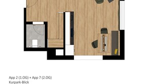 Grundriss einer 2-Zimmer-Wohnung mit Wohnzimmer, Küche und separaten Schlafzimmern.