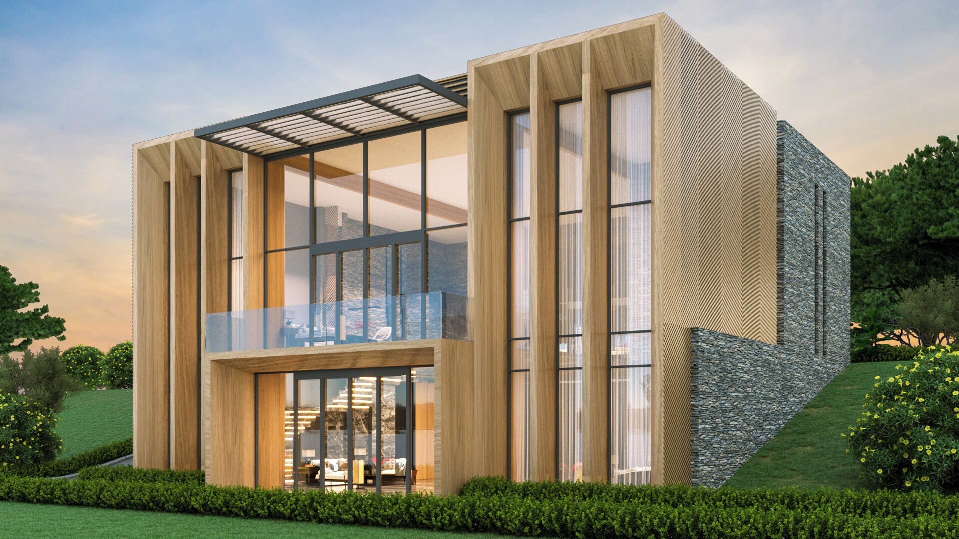 A modern building with large glass windows, wooden panels, and a stone facade.