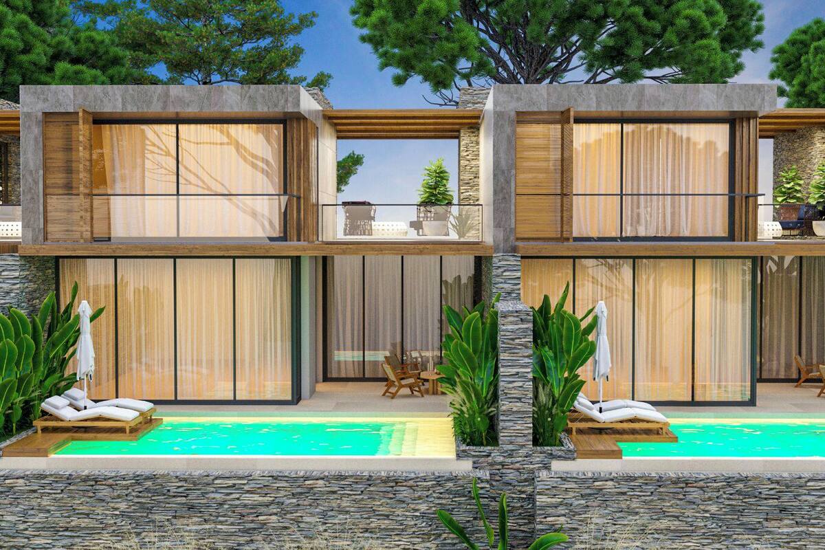 A modern multi-story building with a pool, lounge chairs, and potted plants.