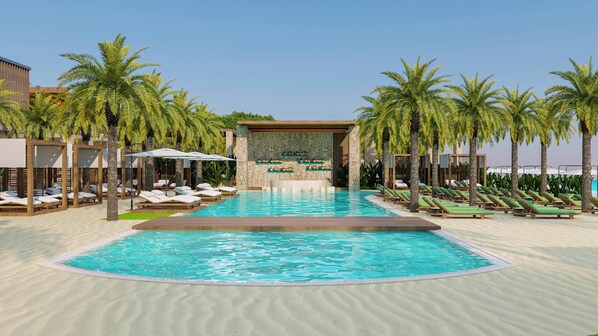 Alberca al aire libre por temporada y sombrillas en la alberca