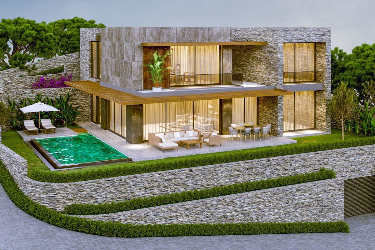A modern two-story house with a swimming pool, outdoor seating, and stone walls.
