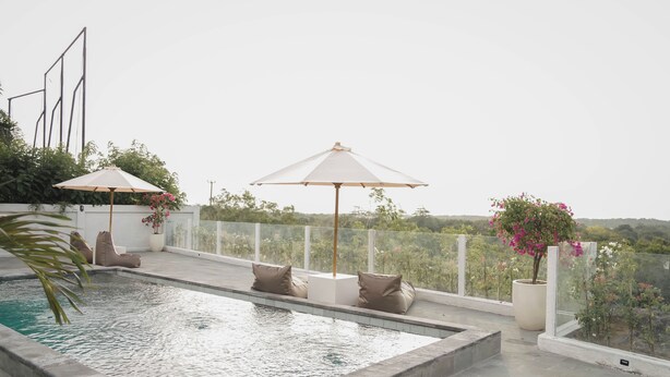 Une piscine sur le toit, agrémentée de deux parasols, de sièges et de plantes en pot.
