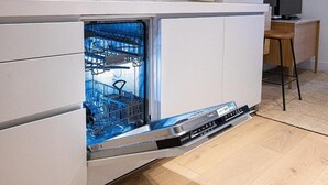 Eine moderne Küche mit integriertem Geschirrspüler und einer Holzausziehtheke.