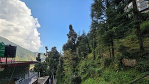 A mountainous landscape with dense forest, a clear sky, and a building with a red roof and a balcony. - Triund View Homestay (Dharamshala)