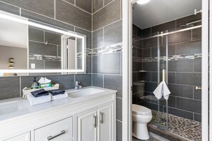 Douche, séchoir à cheveux, serviettes fournies