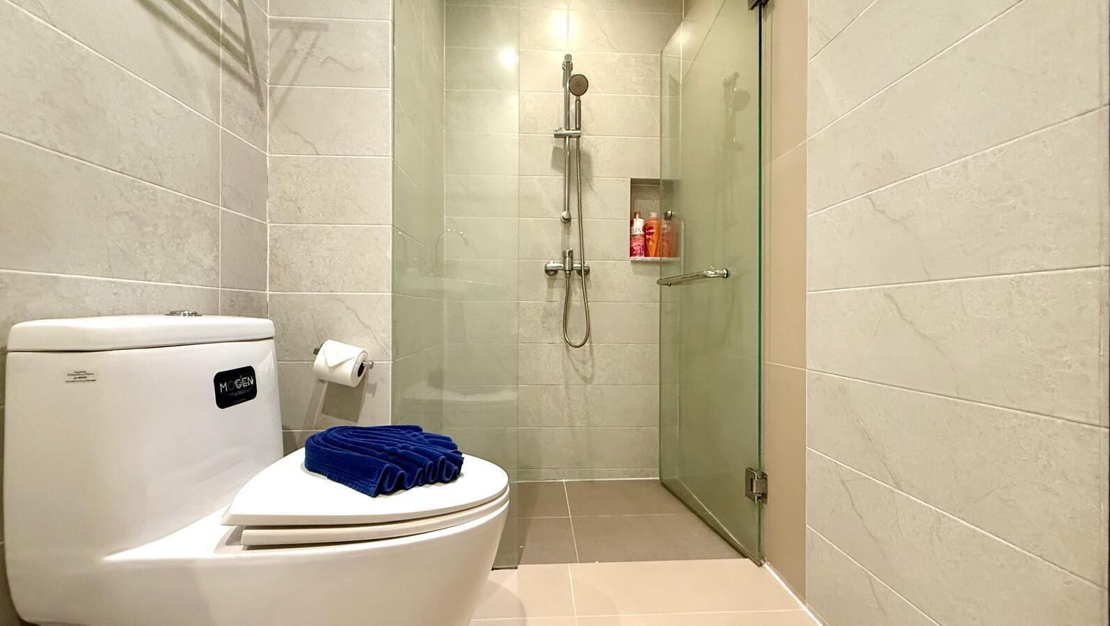 Un bagno con il water, una cabina doccia in vetro e un piccolo ripiano con articoli da toilette.